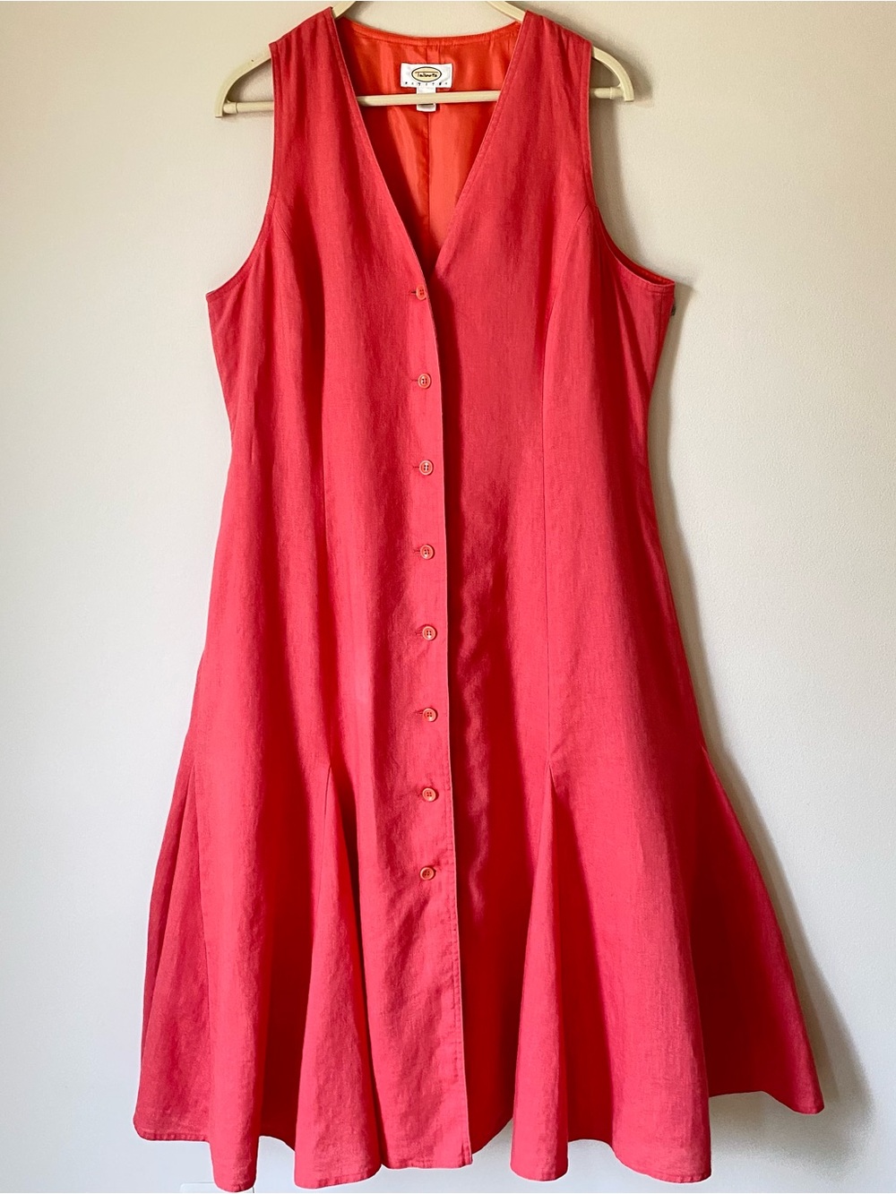 Talbots 100% Linen Godet Maxi Dress Coral Button Front Full Skirt Petite 14